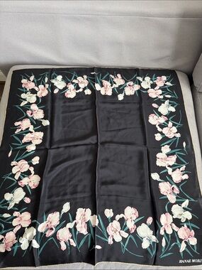 Hanae Mori Black Floral Silk Scarf - Pink & White Blooms 30 x 30